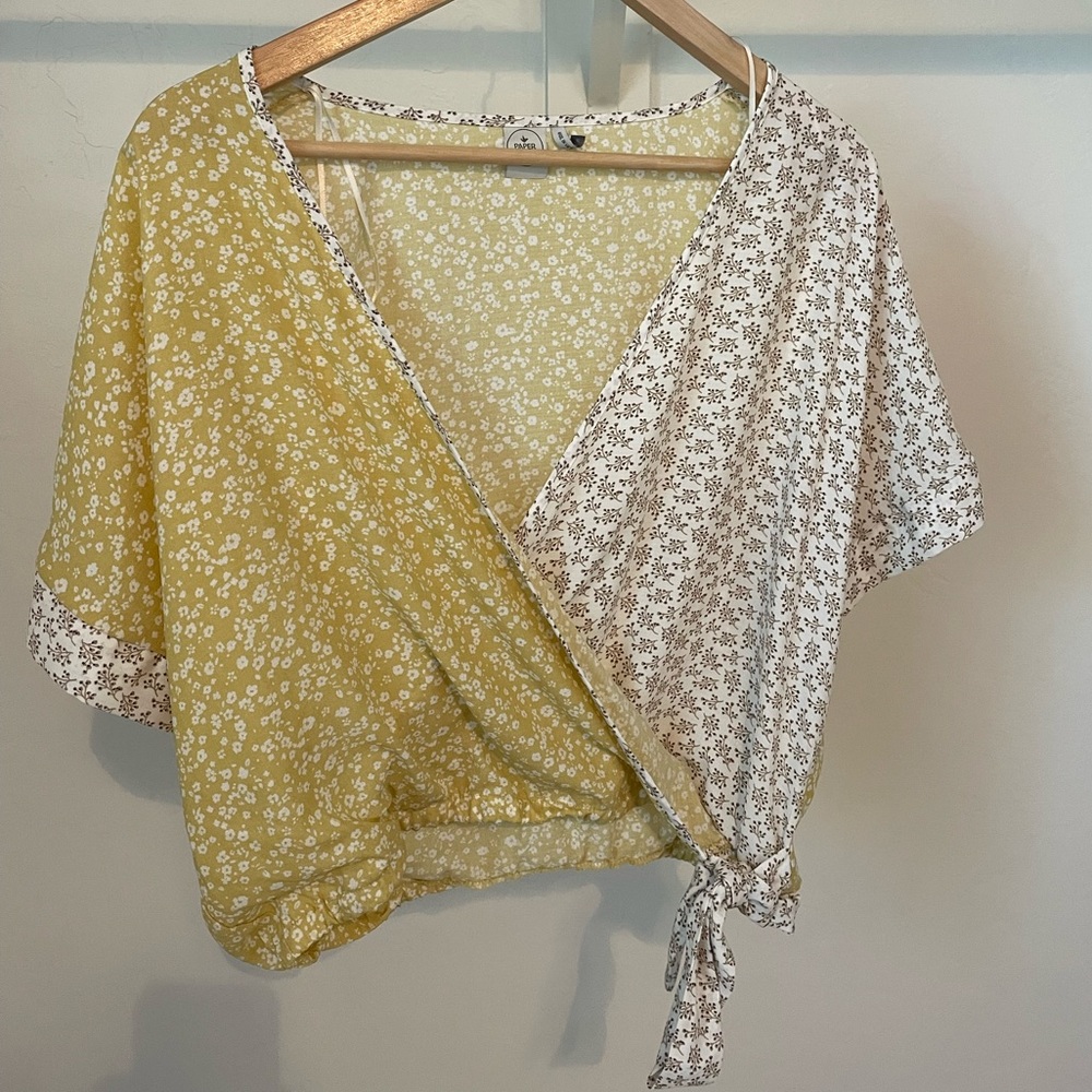 Yellow and floral wrap top
